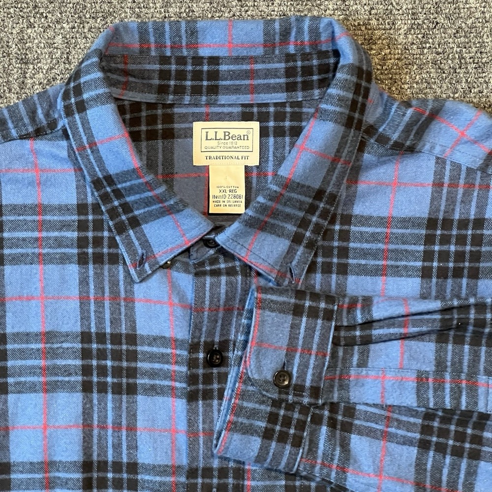 L.L. Bean Traditional Fit Flannel Shirt Men's XXL Blue Red Plaid 100% Cotton